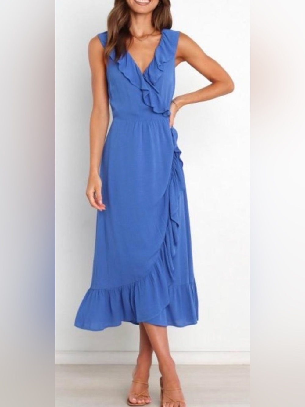 Petal & Pup Cornflower Blue Ruffle Midi Wrap Dress V-neck Size 4